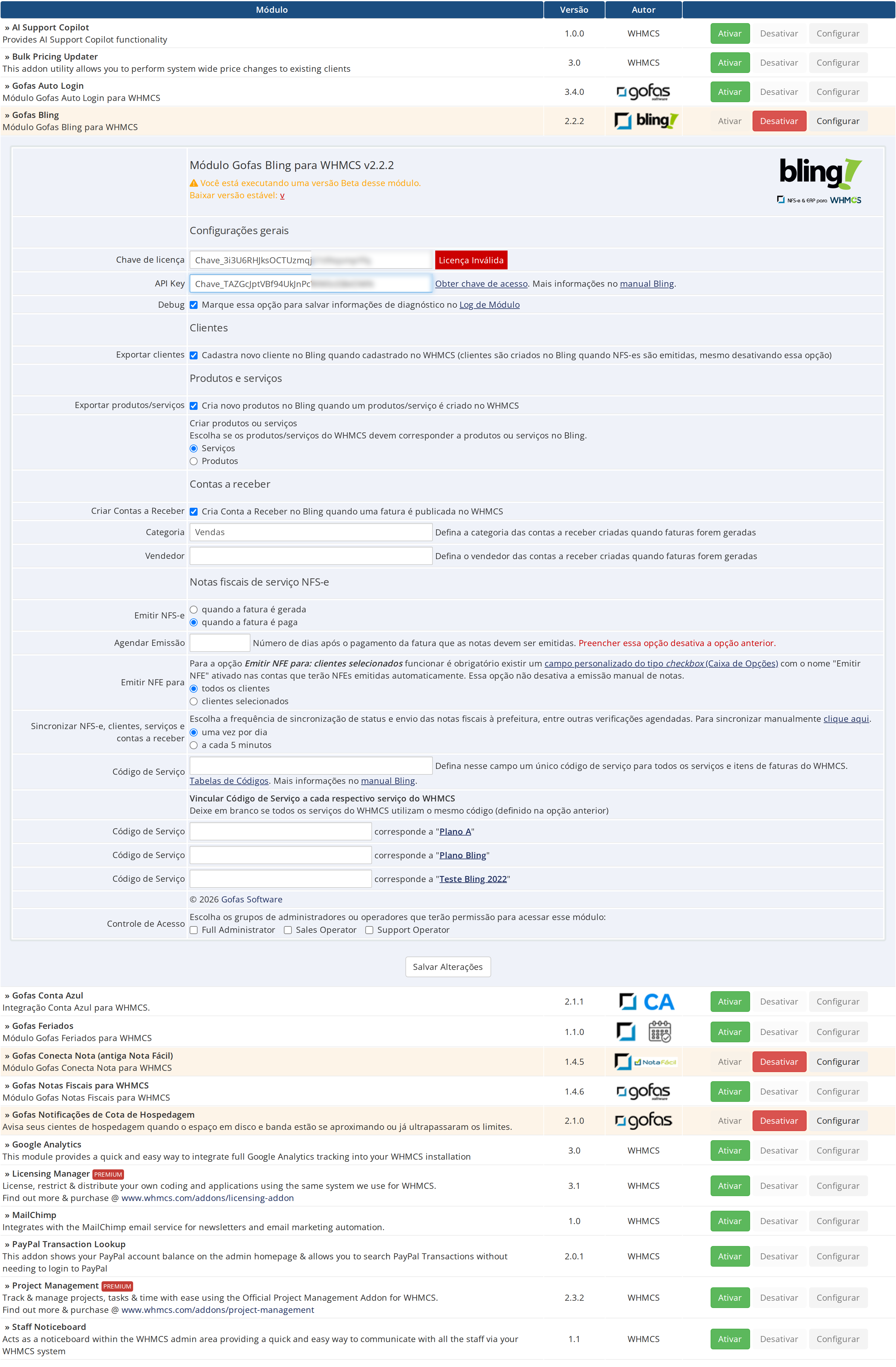 Tela de configurações do Módulo Bling para WHMCS v2.2.2